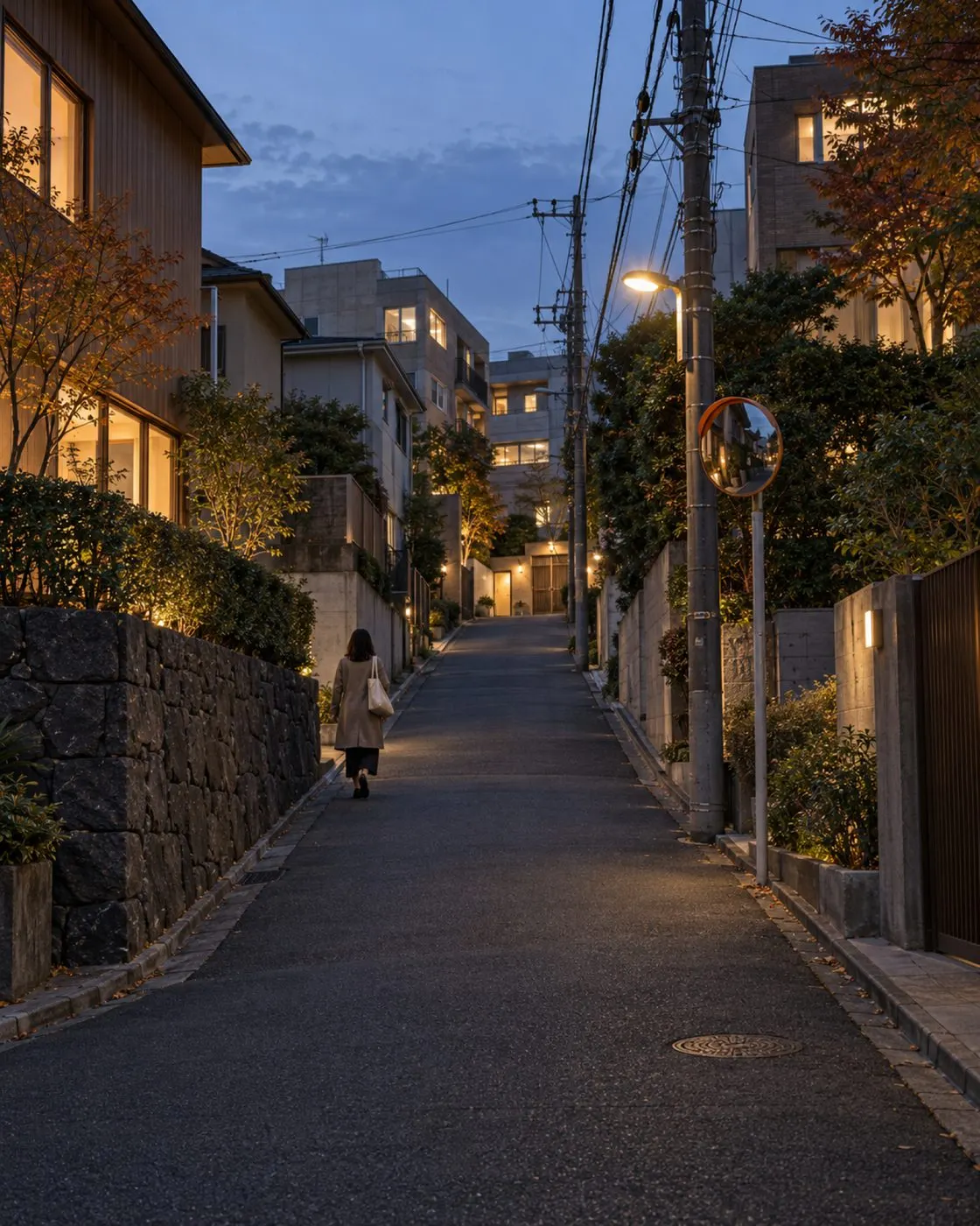 夕暮れの住宅街の坂道を、女性が家へ向かって歩いている（イメージ・見本）