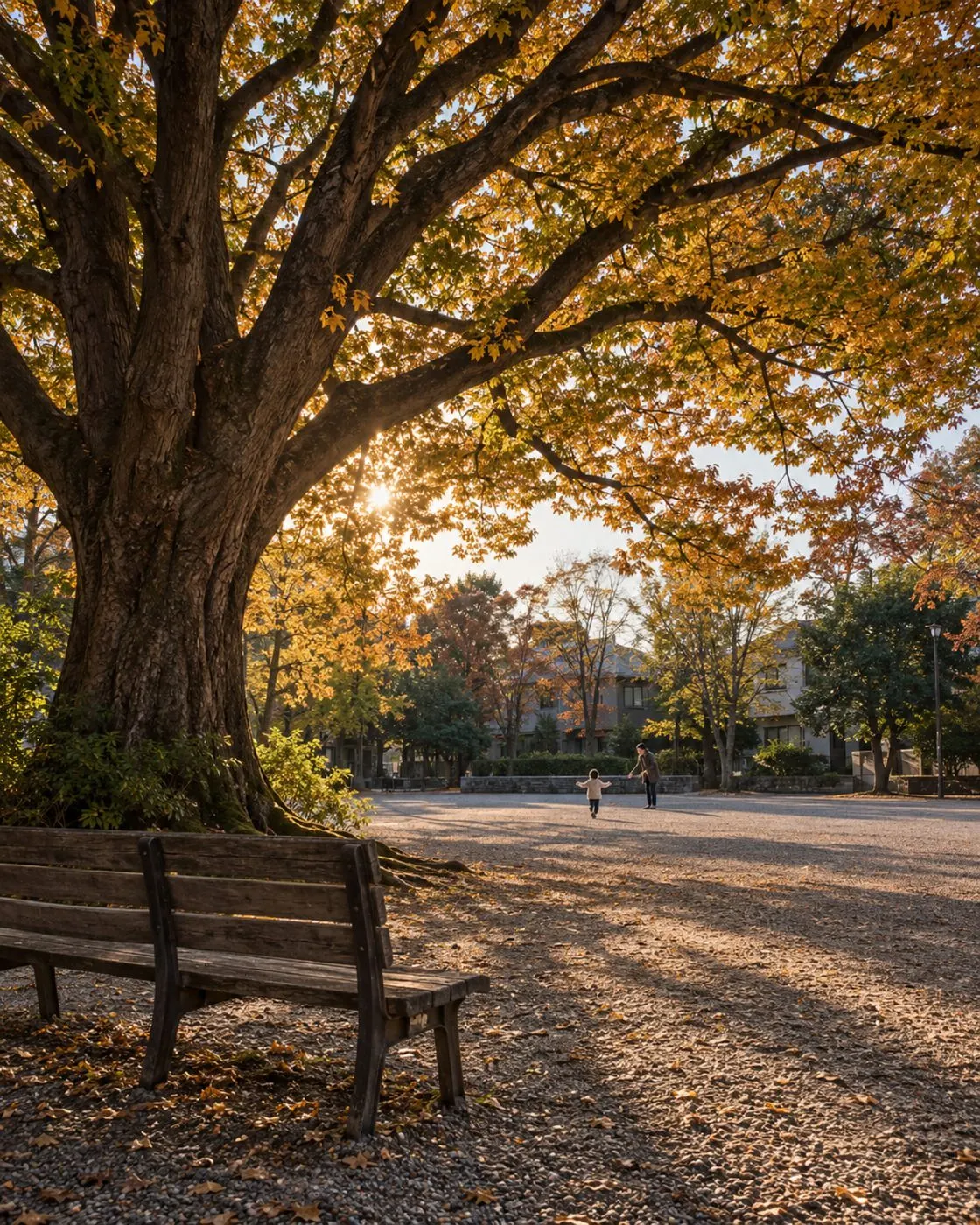 黄葉した大きなけやきのある公園。遠くで子どもが親のもとへ走っている（イメージ・見本）