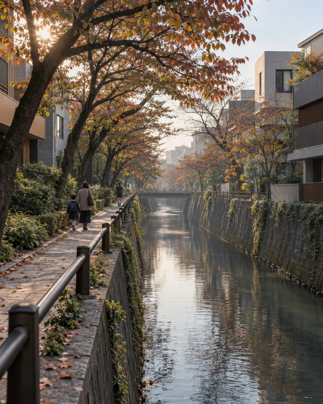秋の桜並木が川の上に枝を伸ばす朝の遊歩道。子どもと親が歩いている（イメージ・見本）
