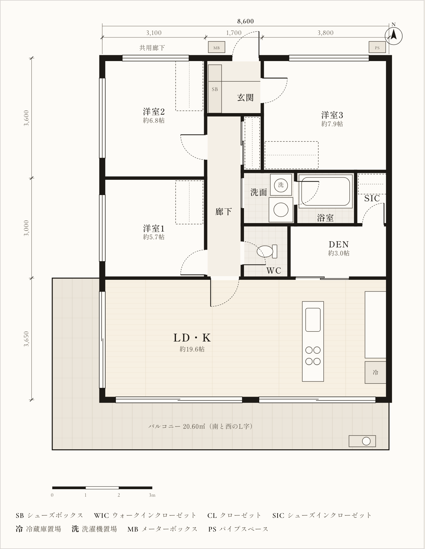 タイプCの間取り図（見本）。3LDK＋DEN、専有面積88.12平方メートル、南西の角住戸。北側に洋室2・玄関・洋室3、中央に洋室1・水回り・DEN、南側に2面に窓のあるLDKと、南と西をまわるL字のバルコニー
