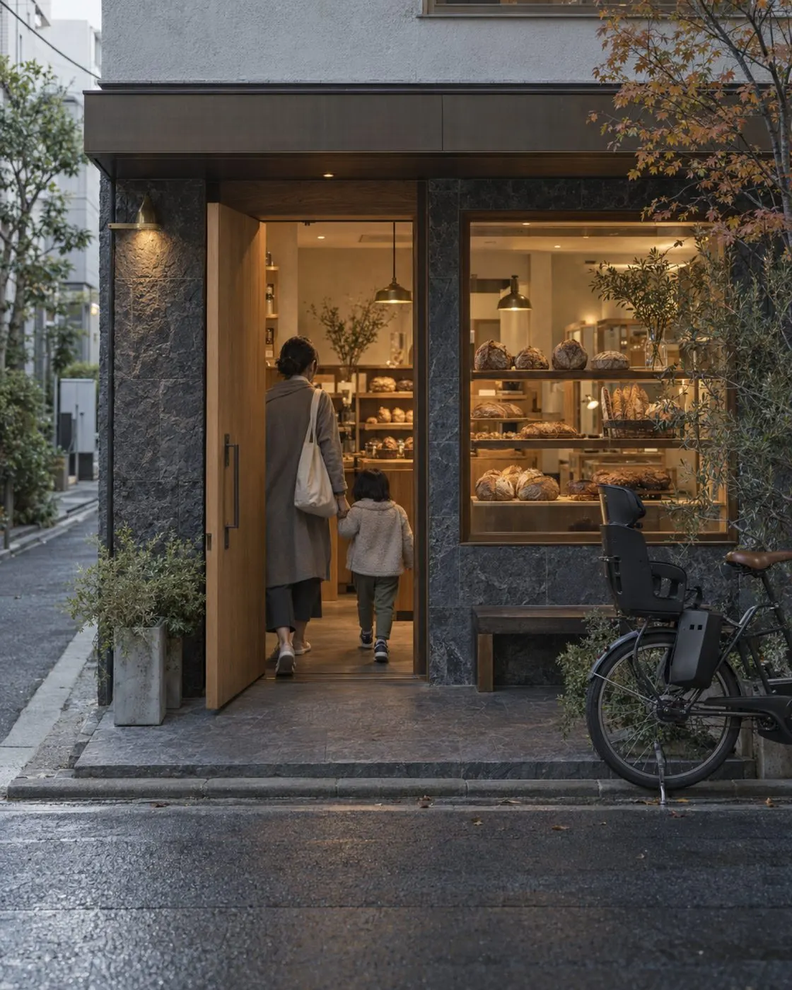 朝の路地のパン屋に、親子が手をつないで入っていく。店先に子ども乗せの自転車（イメージ・見本）